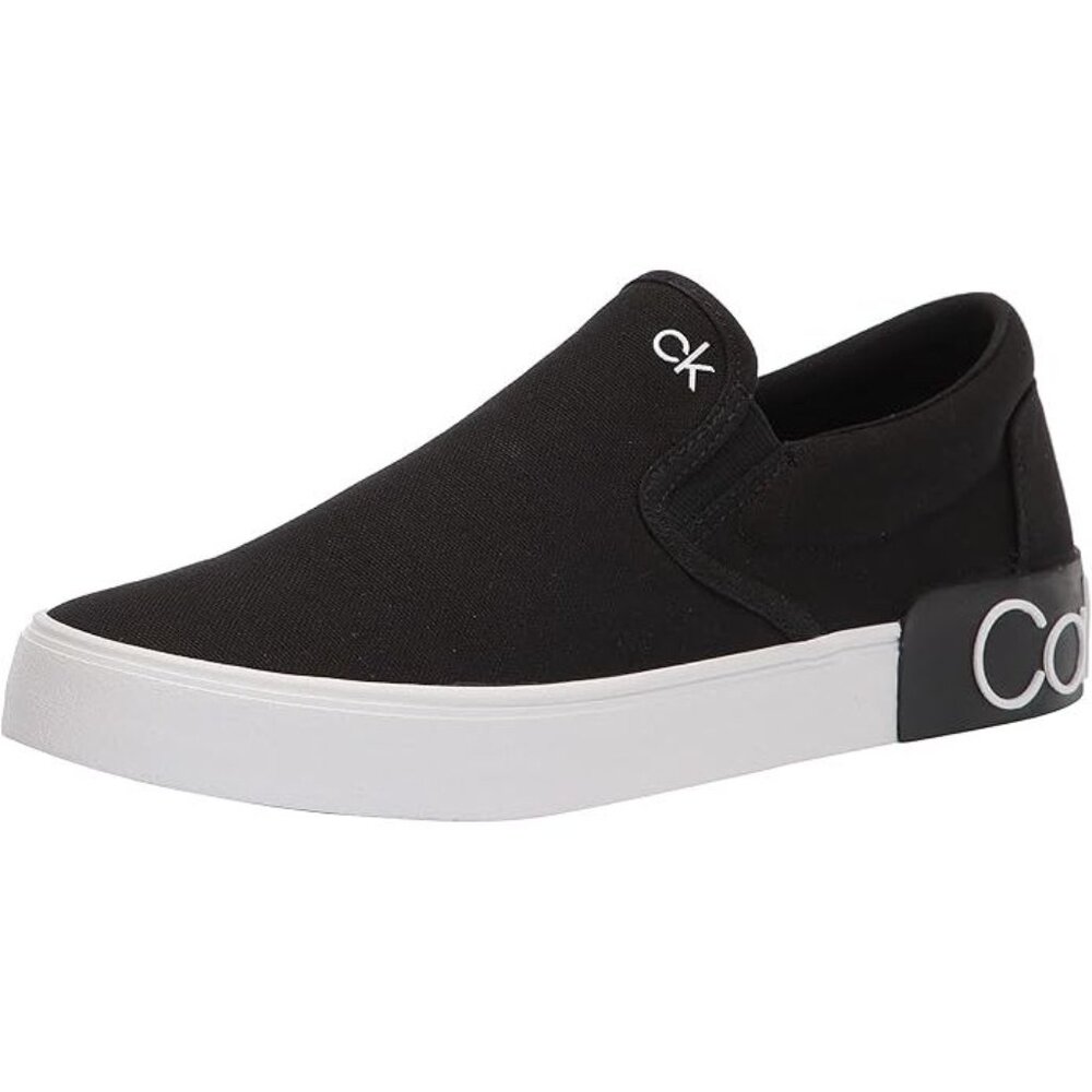 NEW Calvin Klein Men Ryor Black White Canvas Slip On Flat Sole Sneaker Shoe